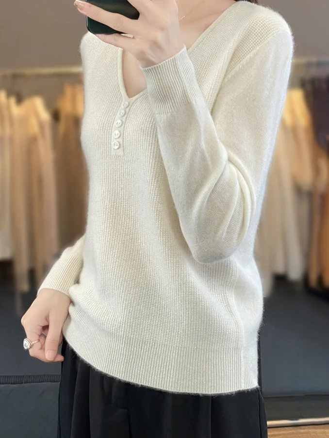 Women's Buckle Spring/Fall Plain Casual Long Sleeve V Neck Wool/Knitting Sweater