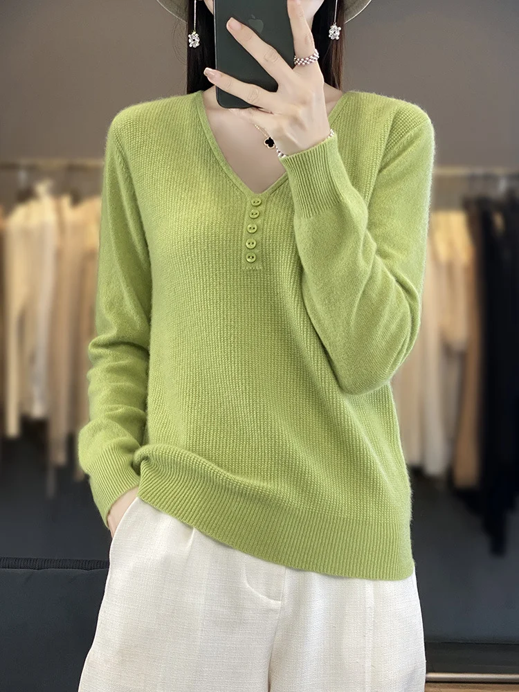 Women's Buckle Spring/Fall Plain Casual Long Sleeve V Neck Wool/Knitting Sweater