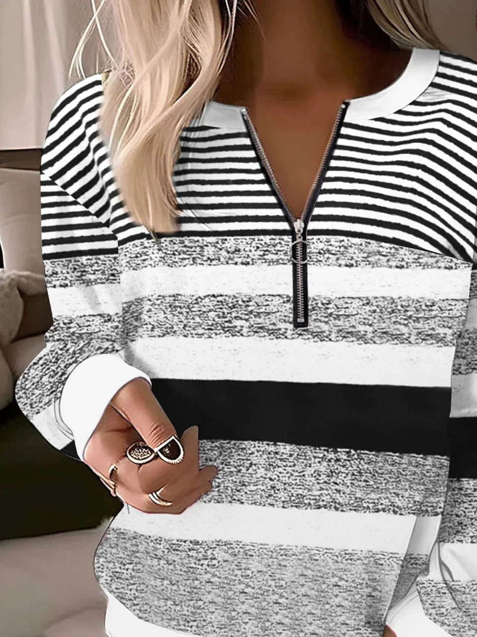 Women's Crew Neck Striped Zipper Casual Spring/Fall Long Sleeve Sweatshirt