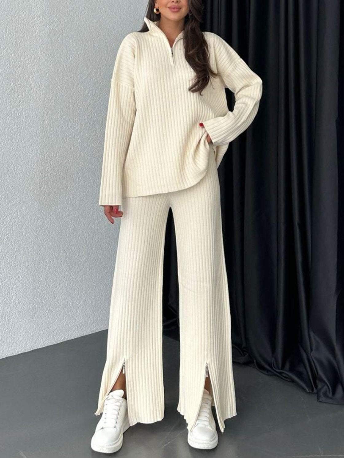 Women's Zipper Knitted Plain Daily Going Out Two Piece Set Long Sleeve Casual Spring/Fall Top With Pants Matching Set