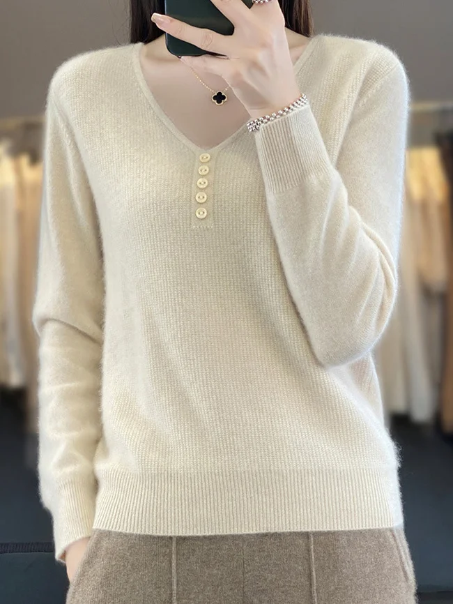 Women's Buckle Spring/Fall Plain Casual Long Sleeve V Neck Wool/Knitting Sweater