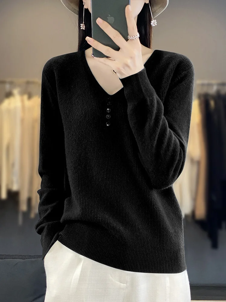 Women's Buckle Spring/Fall Plain Casual Long Sleeve V Neck Wool/Knitting Sweater