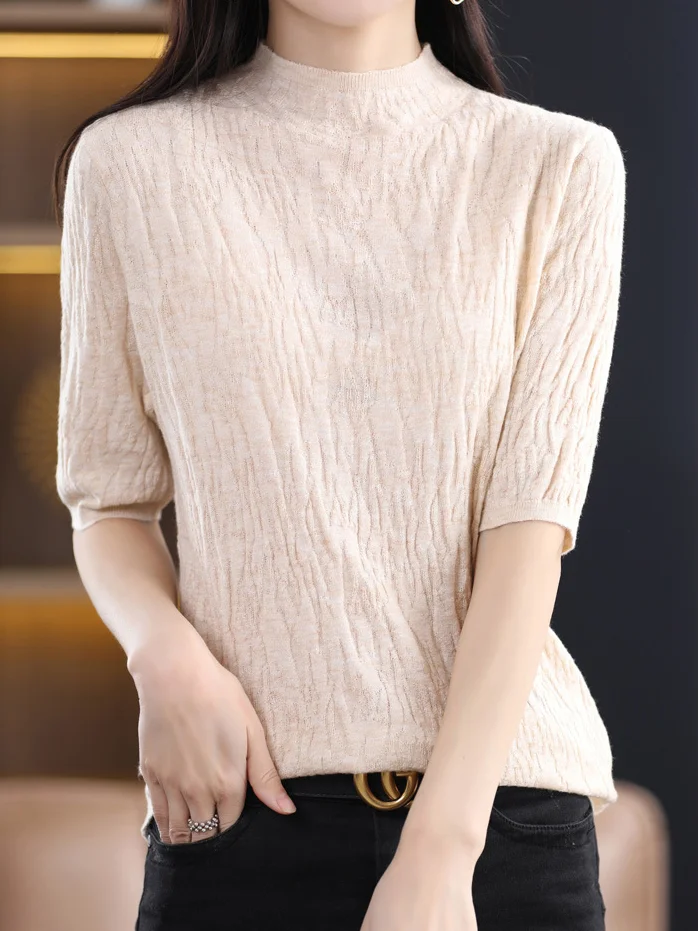 Women's Spring/Fall Plain Casual Half Sleeve Crew Neck Wool/Knitting Sweater