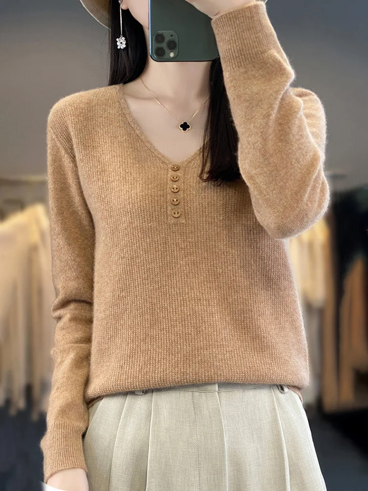 Women's Buckle Spring/Fall Plain Casual Long Sleeve V Neck Wool/Knitting Sweater