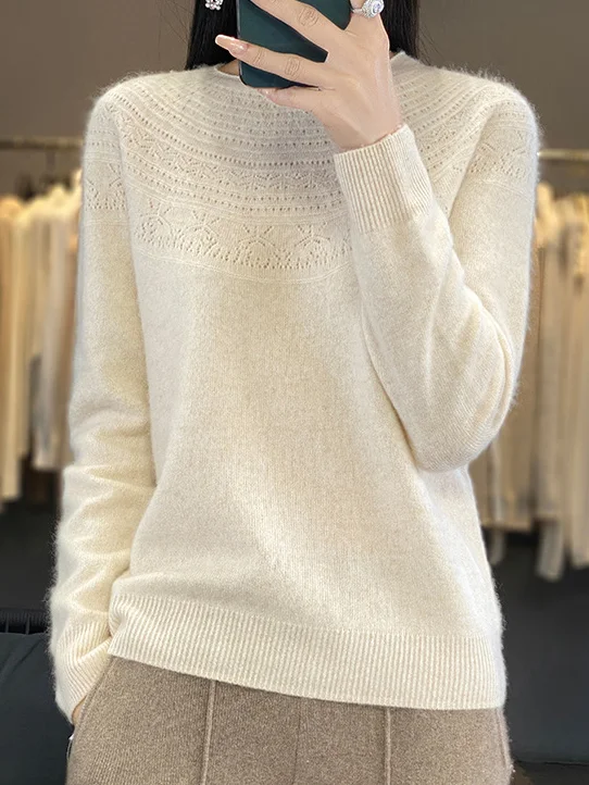 Women's Spring/Fall Plain Casual Half Sleeve Crew Neck Wool/Knitting Sweater