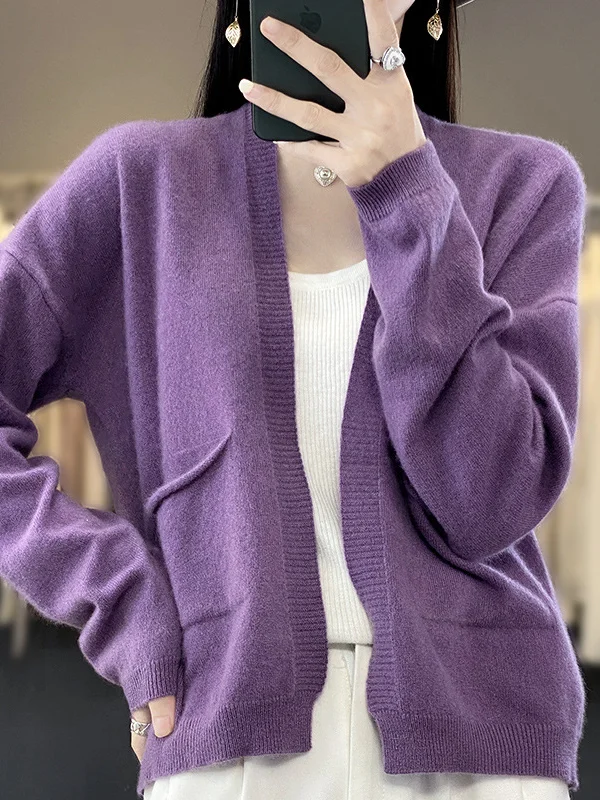 Women's Casual Spring/Fall Plain Wool/Knitting Pocket Stitching Cardigan