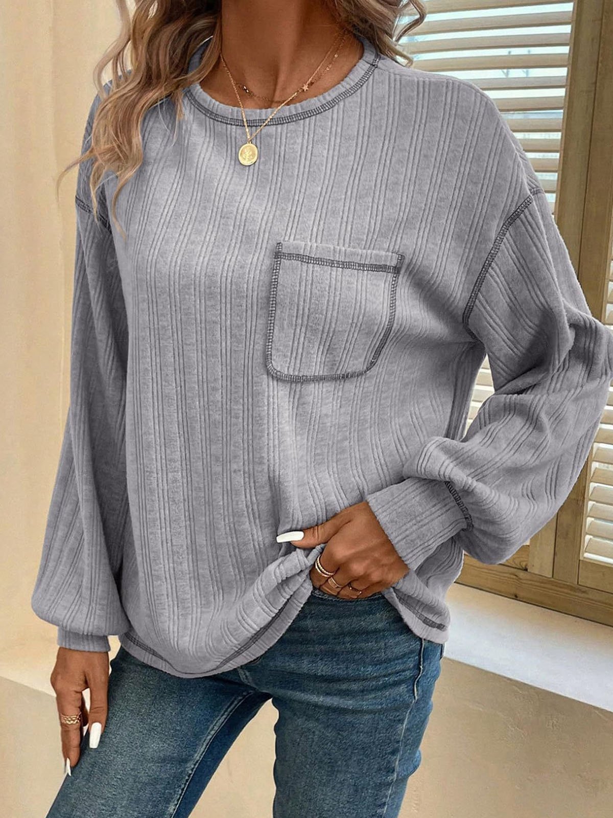 Women's Long Sleeve Tee T-shirt Spring/Fall Plain Pocket Stitching Jersey Crew Neck Daily Going Out Casual Top