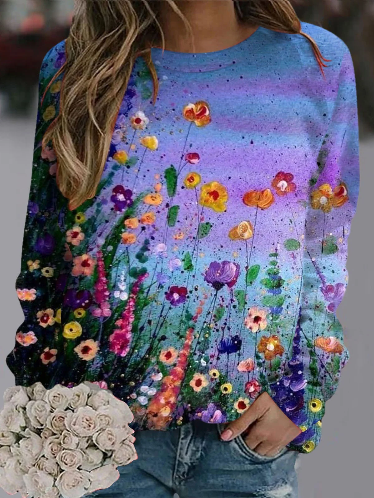 Women's Crew Neck Floral Casual Spring/Fall Long Sleeve Sweatshirt