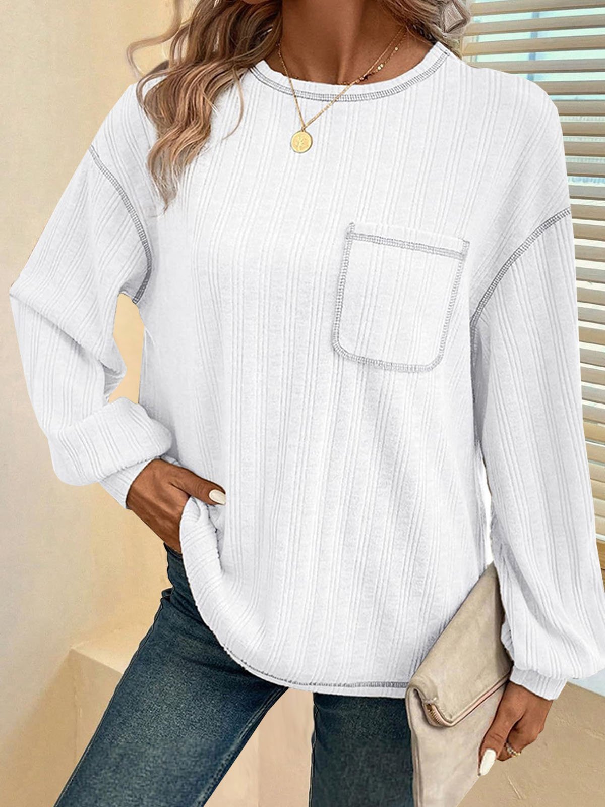 Women's Long Sleeve Tee T-shirt Spring/Fall Plain Pocket Stitching Jersey Crew Neck Daily Going Out Casual Top