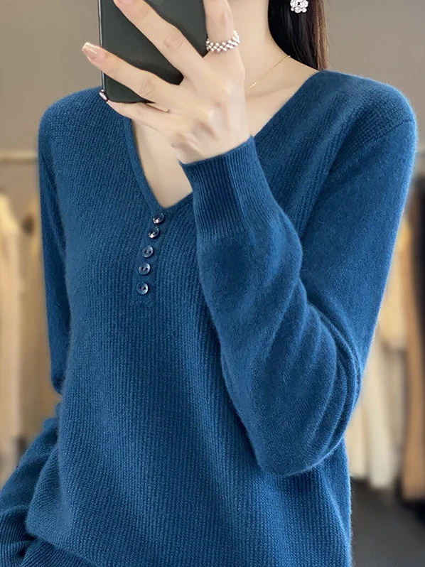 Women's Buckle Spring/Fall Plain Casual Long Sleeve V Neck Wool/Knitting Sweater