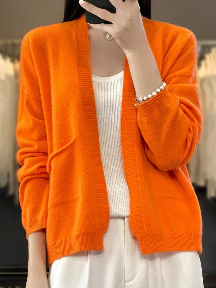 Women's Casual Spring/Fall Plain Wool/Knitting Pocket Stitching Cardigan