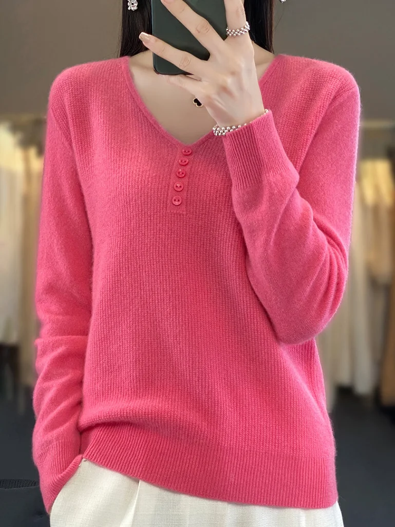 Women's Buckle Spring/Fall Plain Casual Long Sleeve V Neck Wool/Knitting Sweater