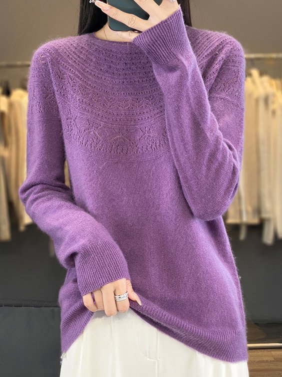 Women's Spring/Fall Plain Casual Half Sleeve Crew Neck Wool/Knitting Sweater