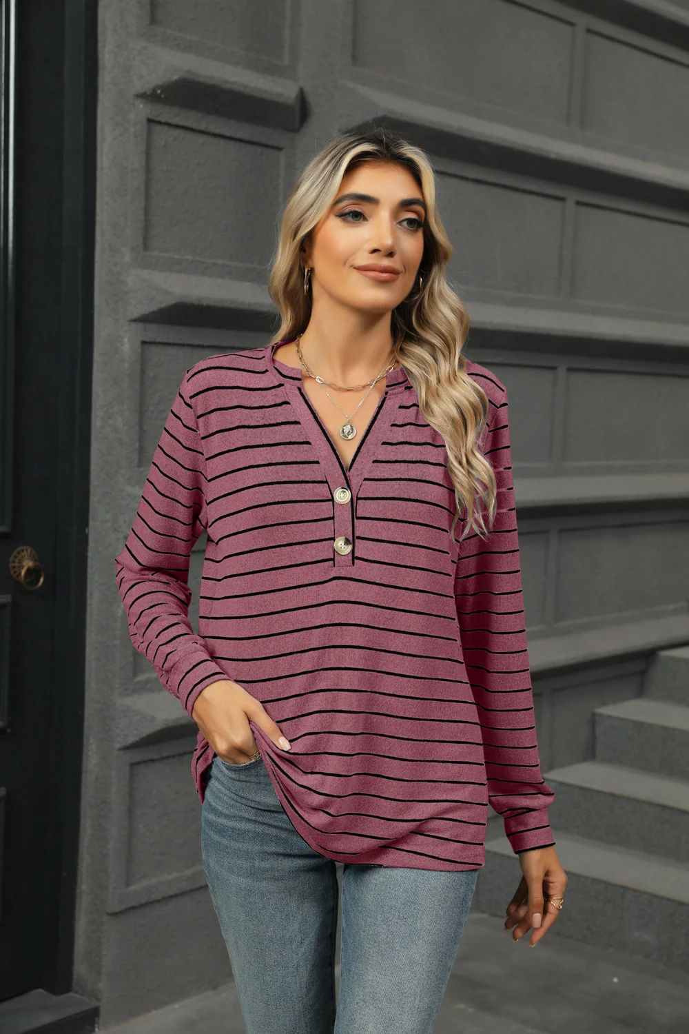 Women's Long Sleeve Blouse Spring/Fall Striped V Neck Daily Going Out Casual Top