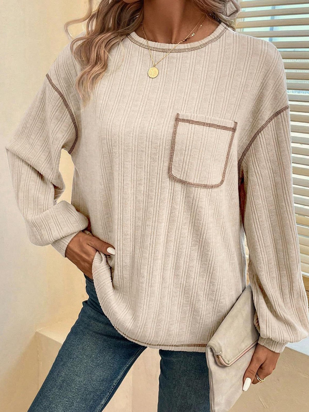 Women's Long Sleeve Tee T-shirt Spring/Fall Plain Pocket Stitching Jersey Crew Neck Daily Going Out Casual Top