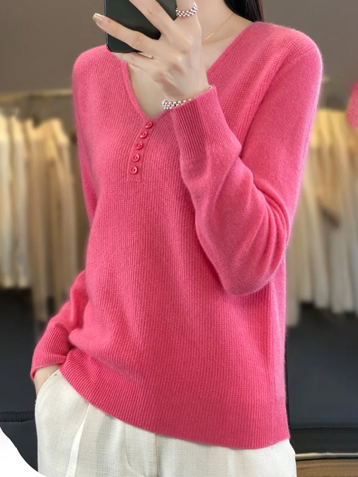 Women's Buckle Spring/Fall Plain Casual Long Sleeve V Neck Wool/Knitting Sweater