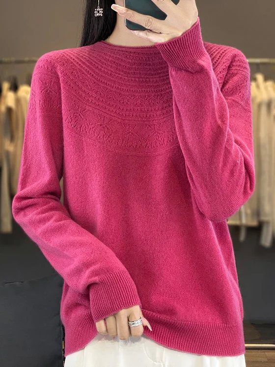 Women's Spring/Fall Plain Casual Half Sleeve Crew Neck Wool/Knitting Sweater