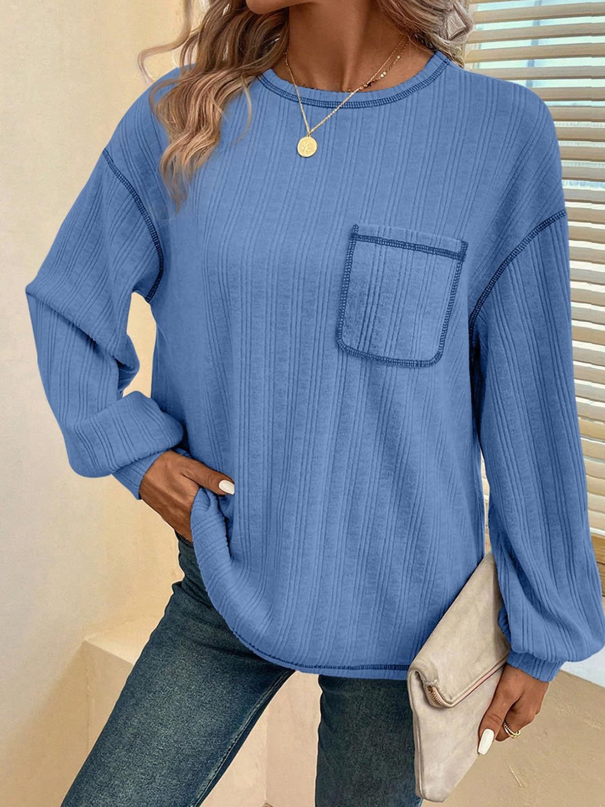 Women's Long Sleeve Tee T-shirt Spring/Fall Plain Pocket Stitching Jersey Crew Neck Daily Going Out Casual Top