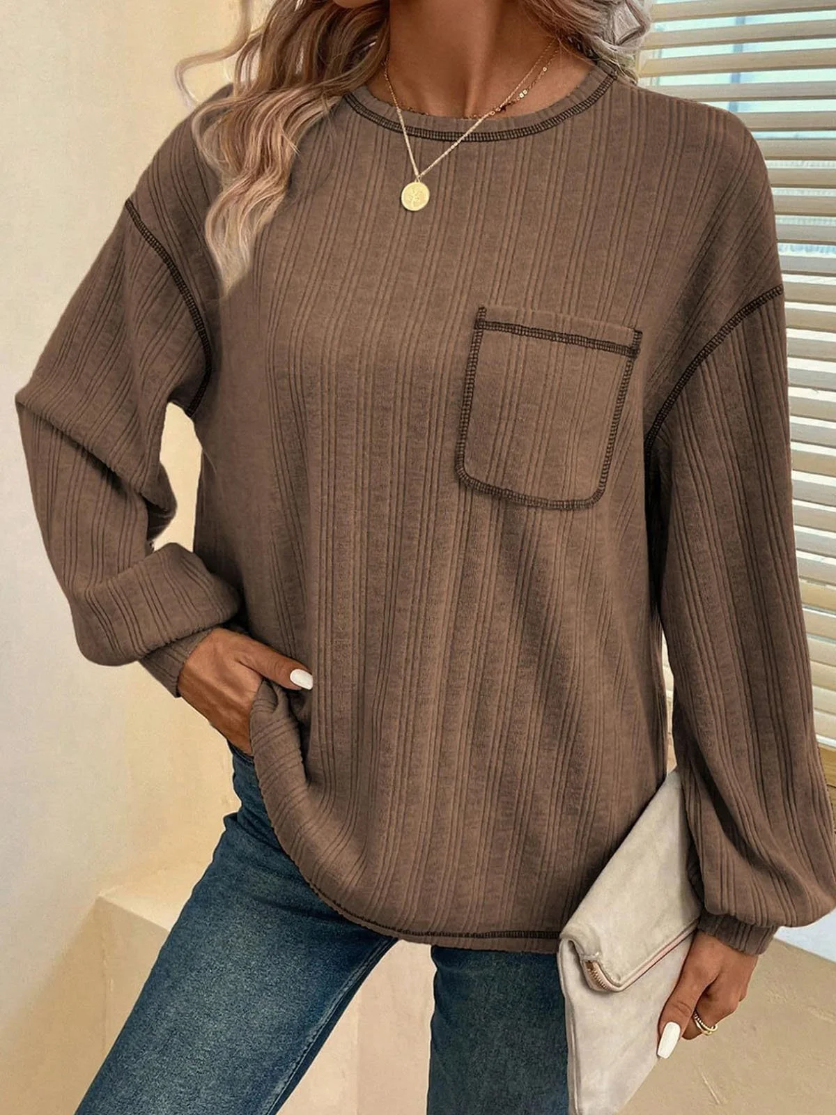 Women's Long Sleeve Tee T-shirt Spring/Fall Plain Pocket Stitching Jersey Crew Neck Daily Going Out Casual Top