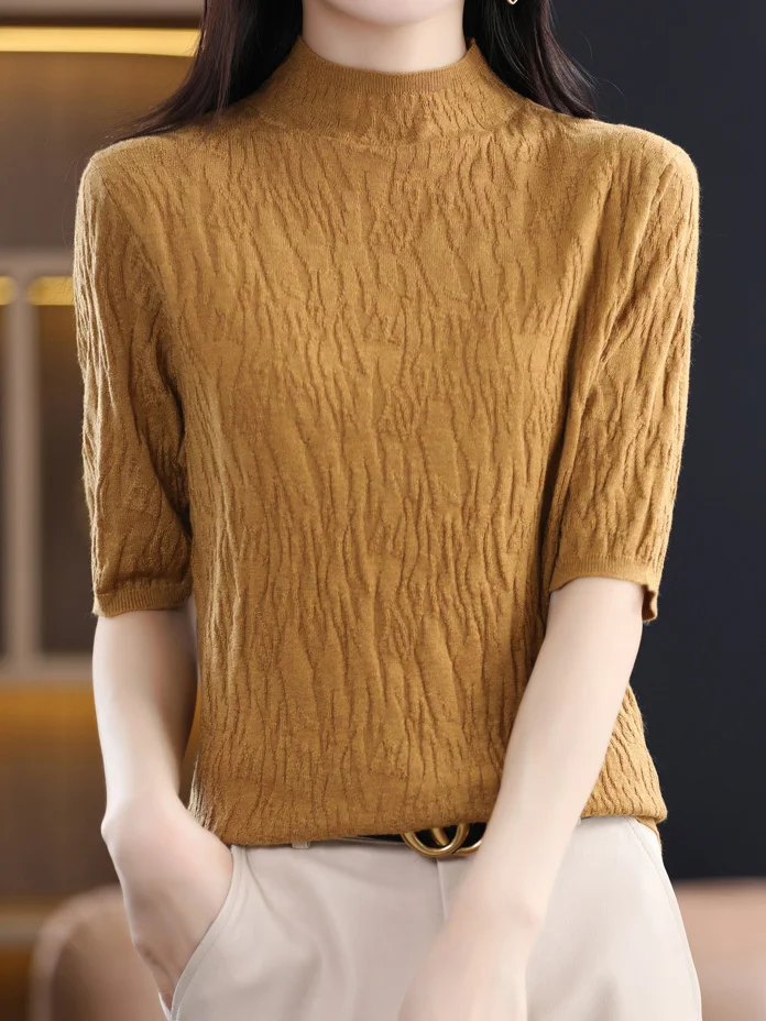 Women's Spring/Fall Plain Casual Half Sleeve Crew Neck Wool/Knitting Sweater