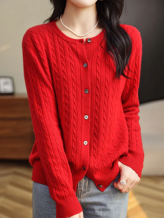 Women's Casual Spring/Fall Plain Wool/Knitting Buckle Cardigan