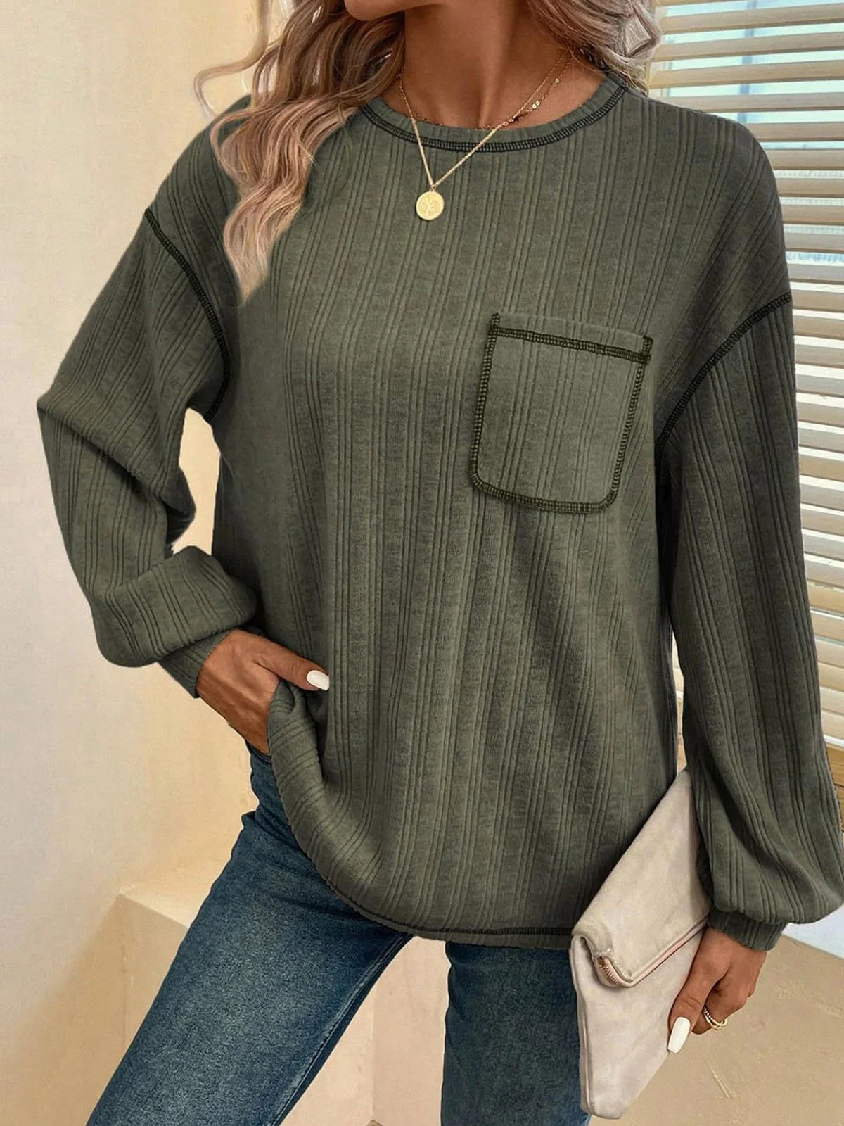 Women's Long Sleeve Tee T-shirt Spring/Fall Plain Pocket Stitching Jersey Crew Neck Daily Going Out Casual Top