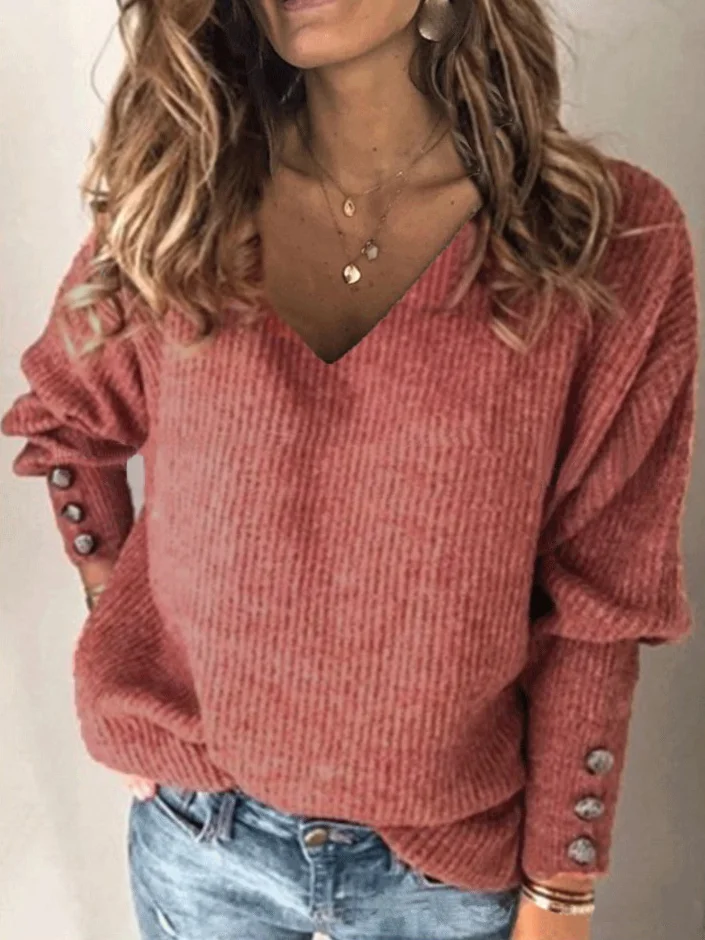 Women's Long Sleeve Blouse Spring/Fall Plain Buckle Knitted V Neck Daily Going Out Casual Top