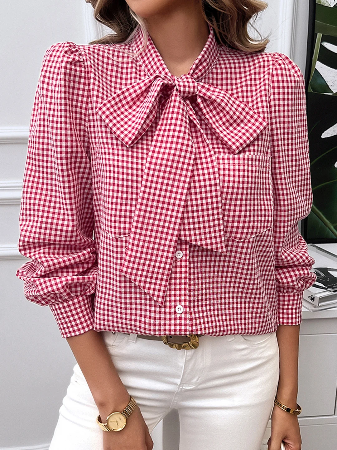 Women's Long Sleeve Shirt Spring/Fall Plaid Bow Shirt Collar Daily Going Out Casual Top