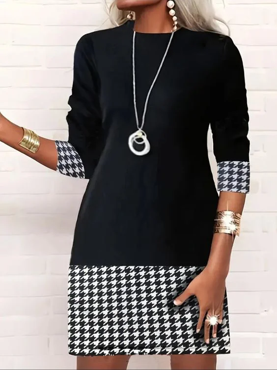 Women's Long Sleeve Spring/Fall Houndstooth Dress Daily Going Out Casual Mini H-Line