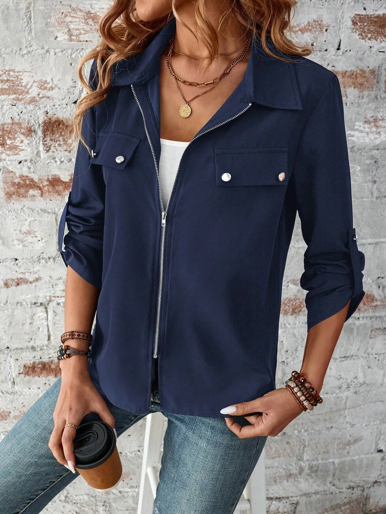 Women's Autumn Outerwear Casual Zipper Plain Long Sleeve Jacket