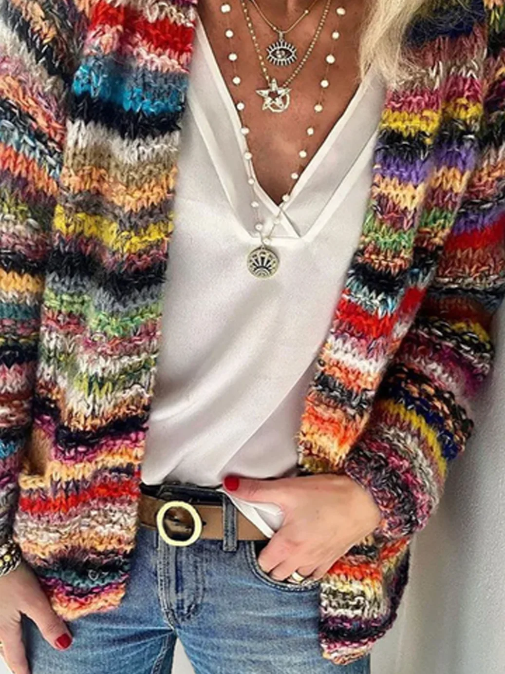 Women's Casual Spring/Fall Multicolor Block Yarn/Wool Yarn Cardigan