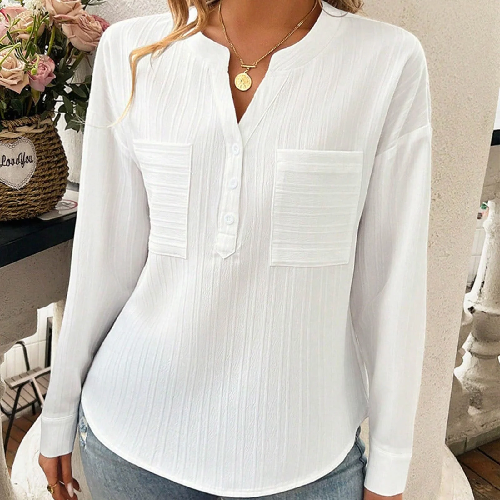 Women's Long Sleeve Blouse Spring/Fall Plain Buckle Stand Collar Daily Going Out Casual Top