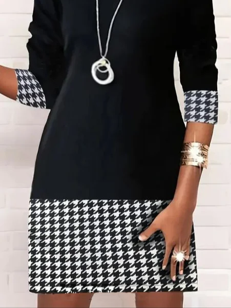 Women's Long Sleeve Spring/Fall Houndstooth Dress Daily Going Out Casual Mini H-Line