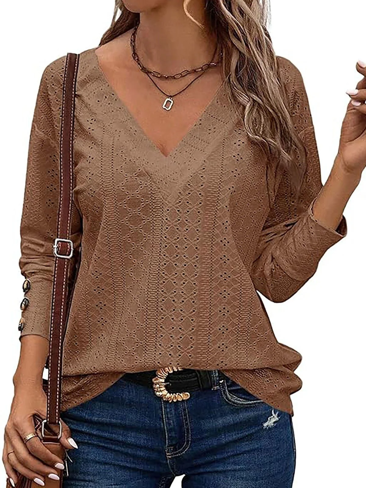 Women's Long Sleeve Tee T-shirt Spring/Fall Plain Buckle V Neck Daily Going Out Casual Top