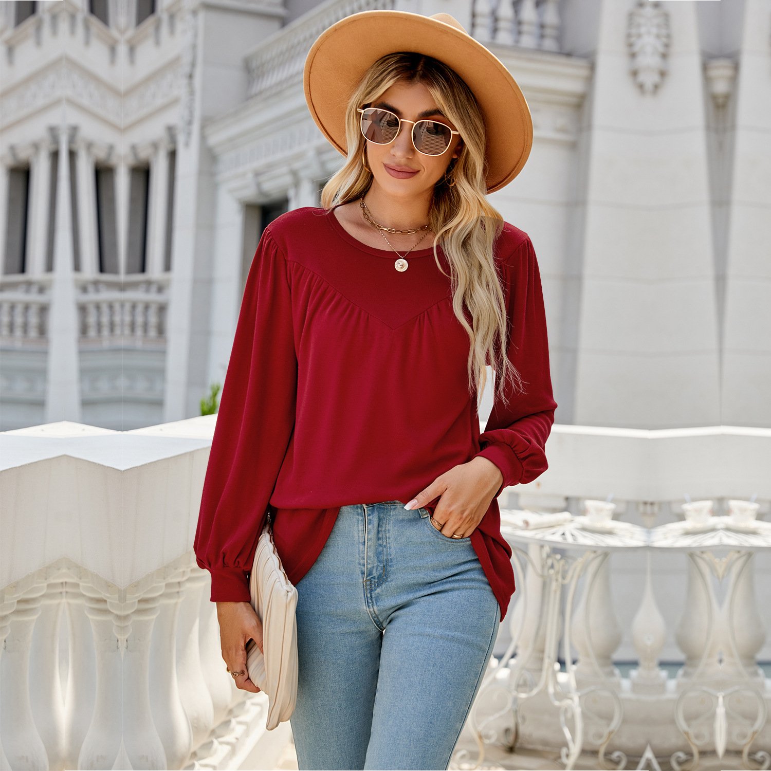 Women's Long Sleeve Blouse Spring/Fall Plain Crew Neck Daily Going Out Casual Top