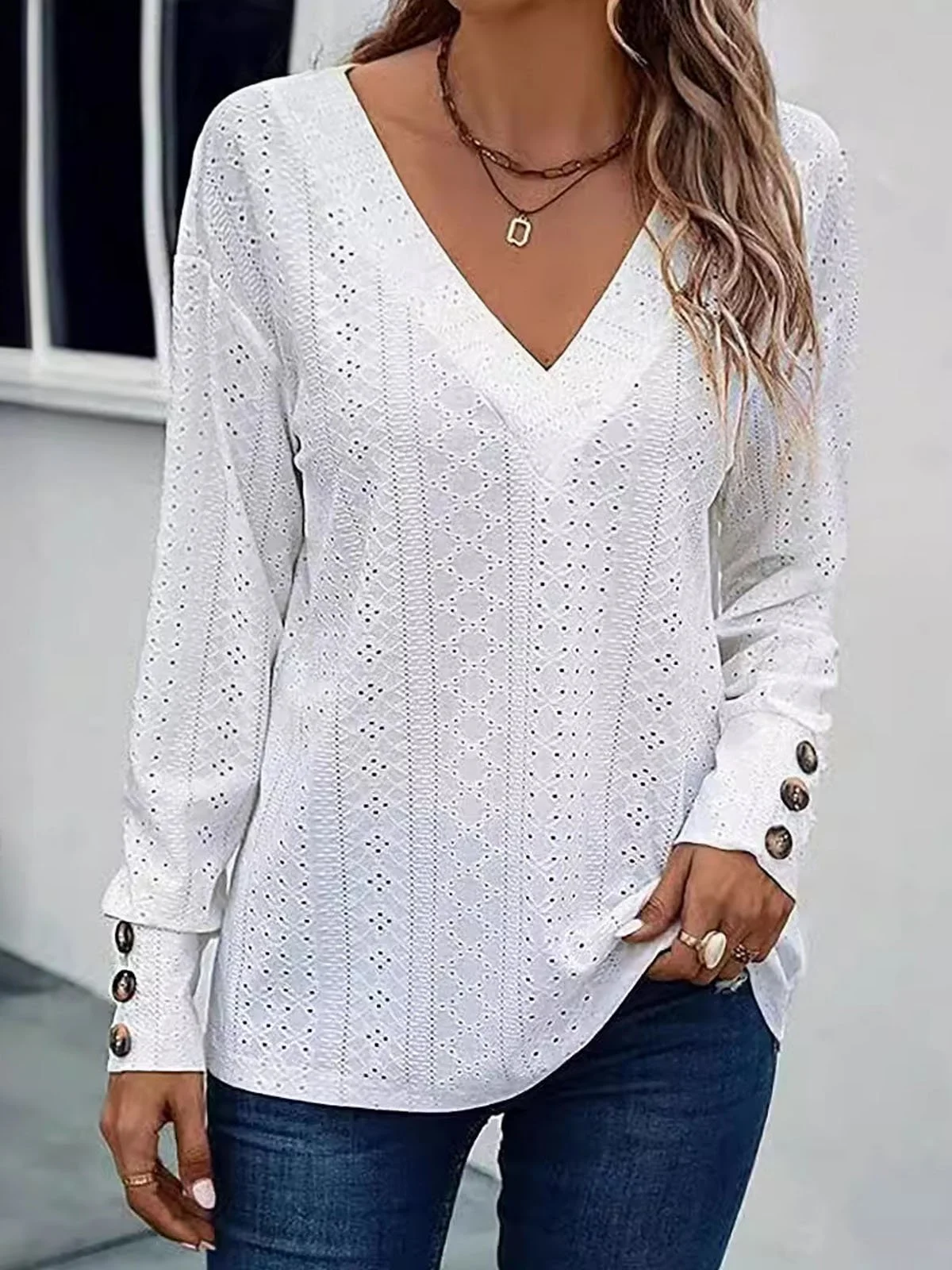 Women's Long Sleeve Tee T-shirt Spring/Fall Plain Buckle V Neck Daily Going Out Casual Top