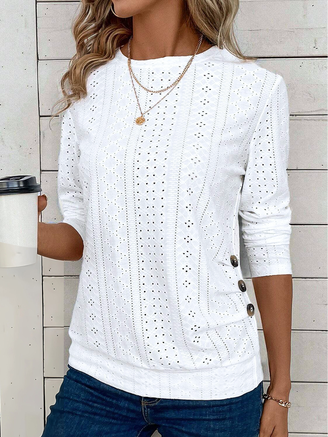 Women's Long Sleeve Tee T-shirt Spring/Fall Plain Buckle Lace Crew Neck Daily Going Out Casual Top