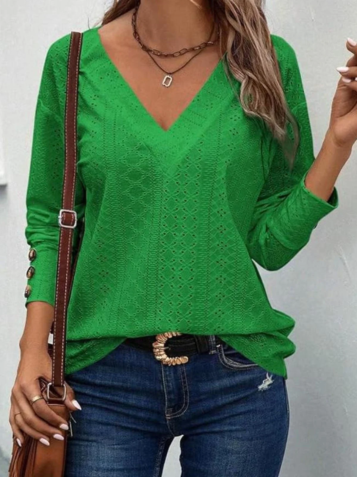 Women's Long Sleeve Tee T-shirt Spring/Fall Plain Buckle V Neck Daily Going Out Casual Top