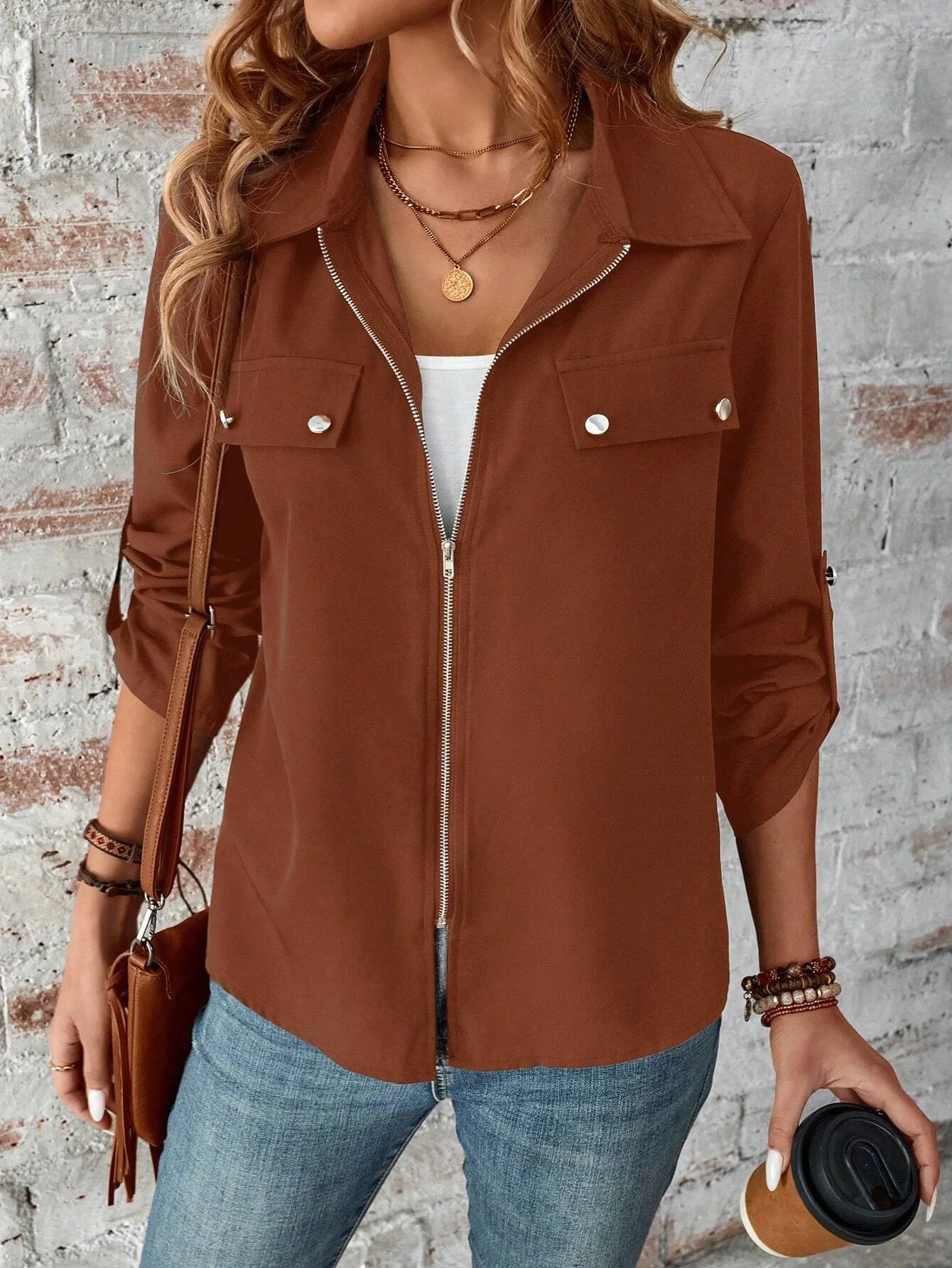 Women's Autumn Outerwear Casual Zipper Plain Long Sleeve Jacket