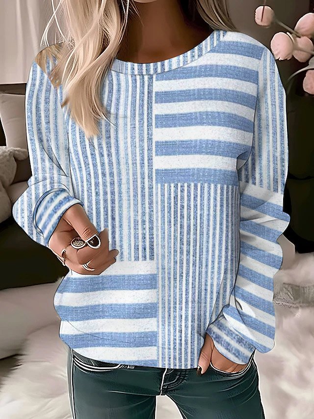 Women's Crew Neck Striped Printing Vintage Spring/Fall Long Sleeve Sweatshirt