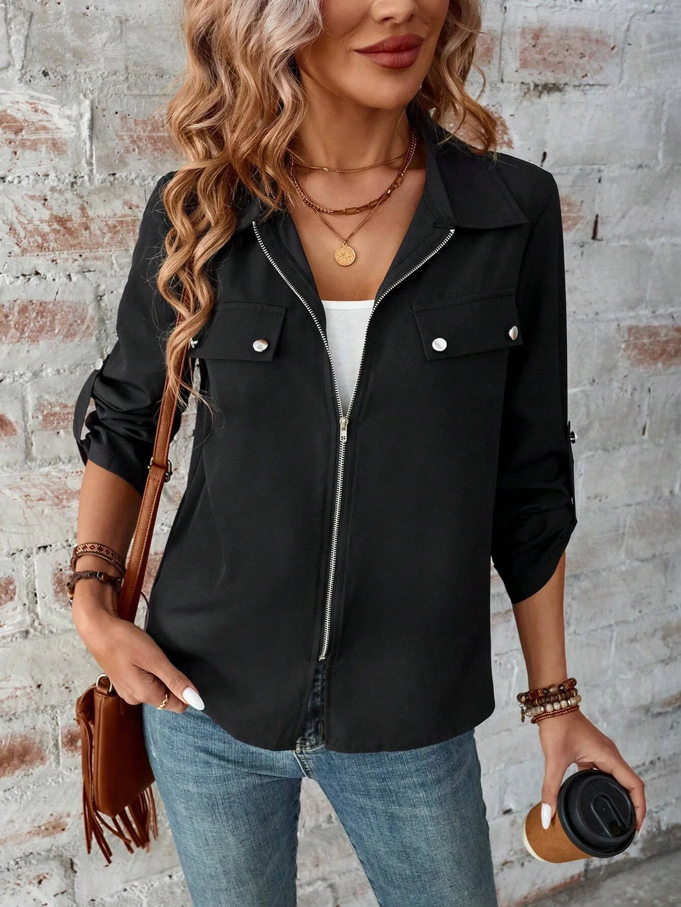 Women's Autumn Outerwear Casual Zipper Plain Long Sleeve Jacket