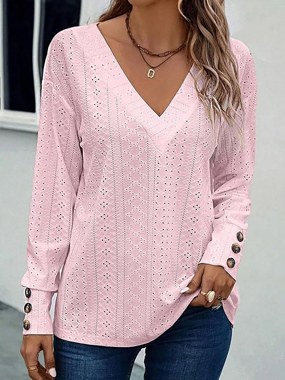 Women's Long Sleeve Tee T-shirt Spring/Fall Plain Buckle V Neck Daily Going Out Casual Top