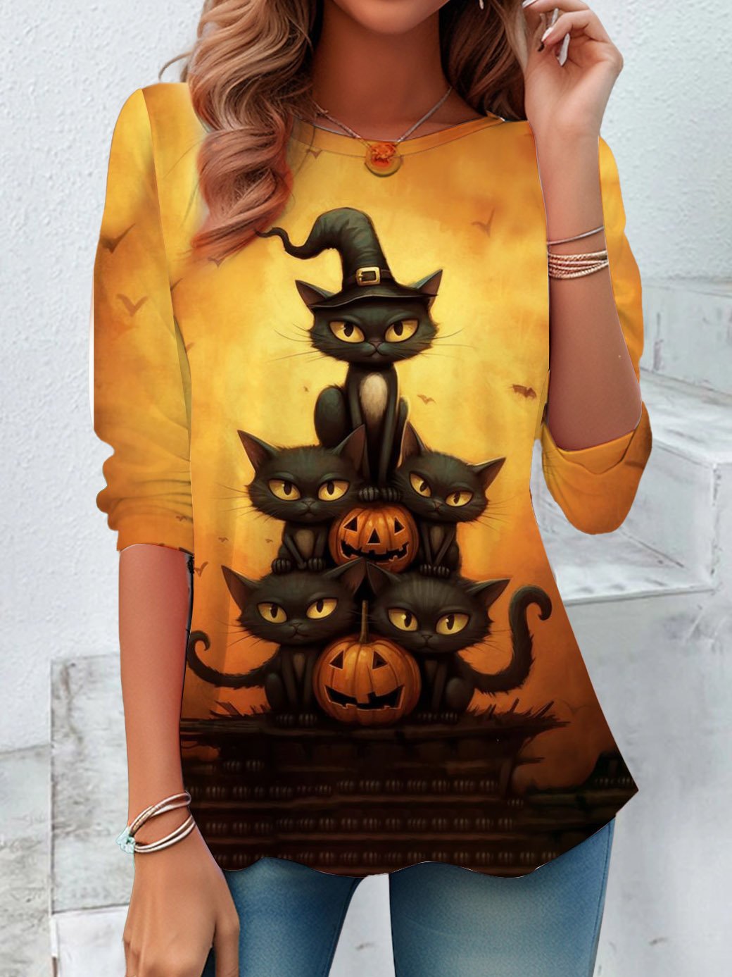 Women's Long Sleeve Tee T-shirt Spring/Fall Halloween Printing Jersey Crew Neck Holiday Going Out Vintage Top