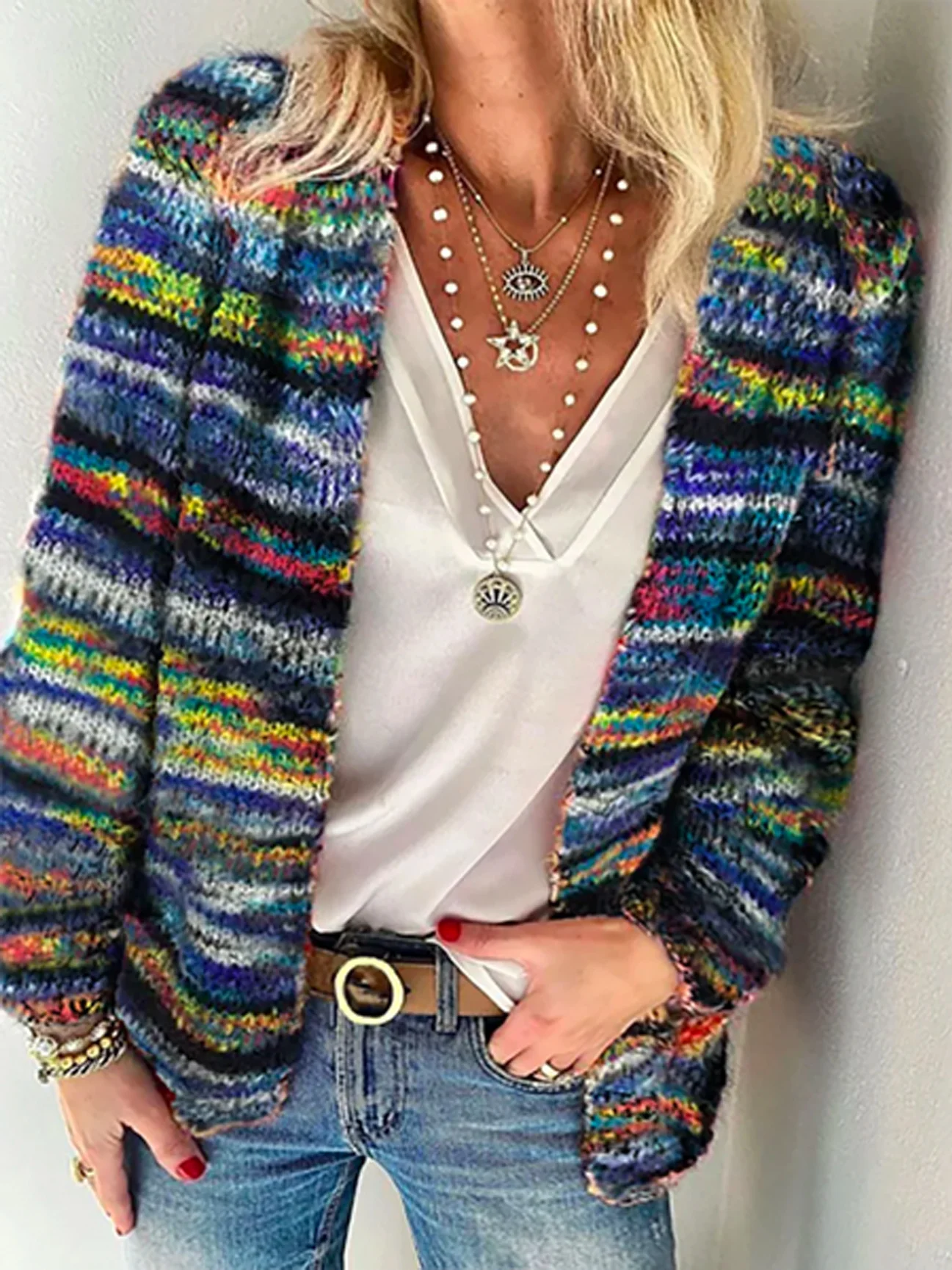 Women's Casual Spring/Fall Multicolor Block Yarn/Wool Yarn Cardigan