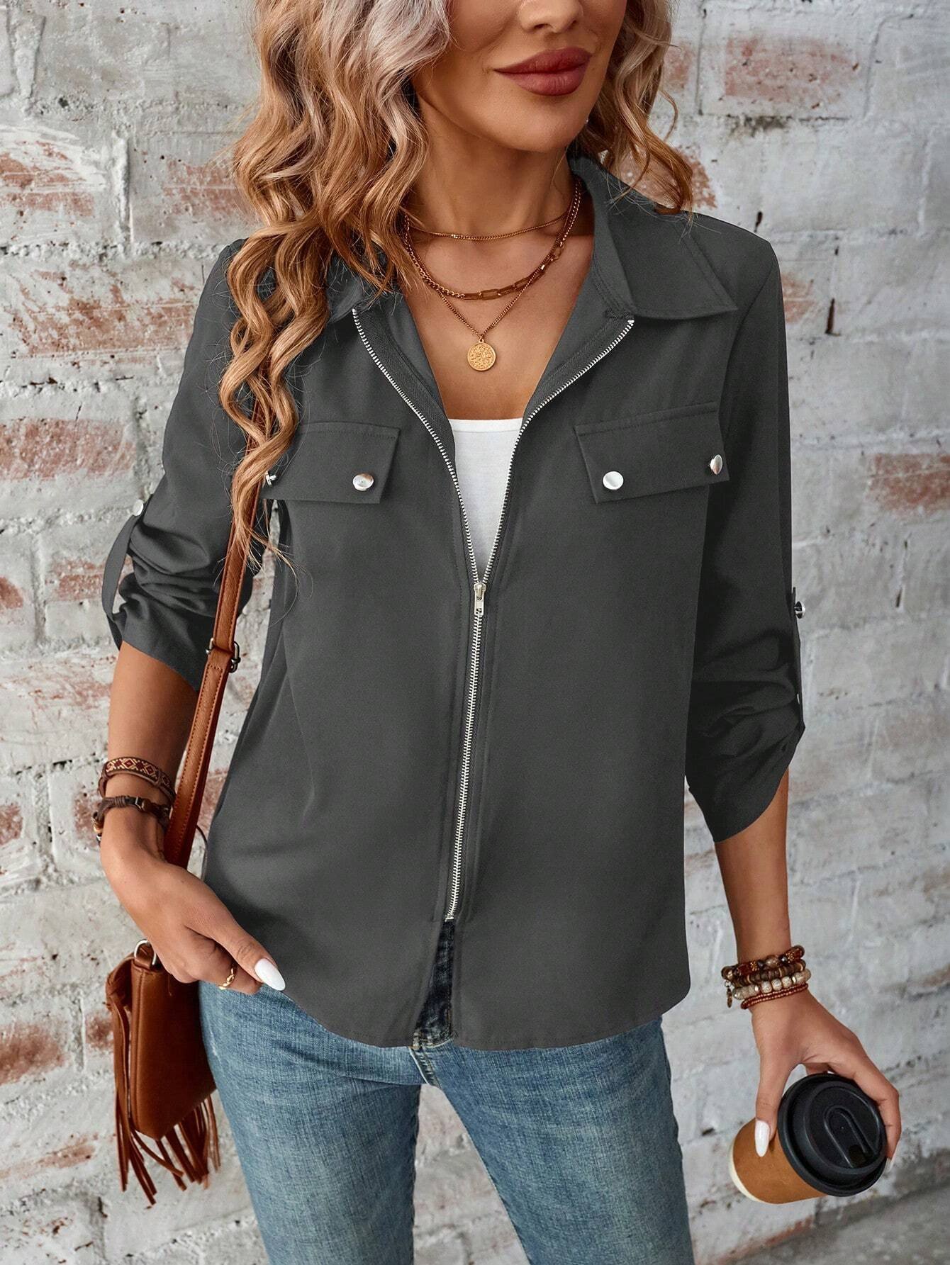 Women's Autumn Outerwear Casual Zipper Plain Long Sleeve Jacket