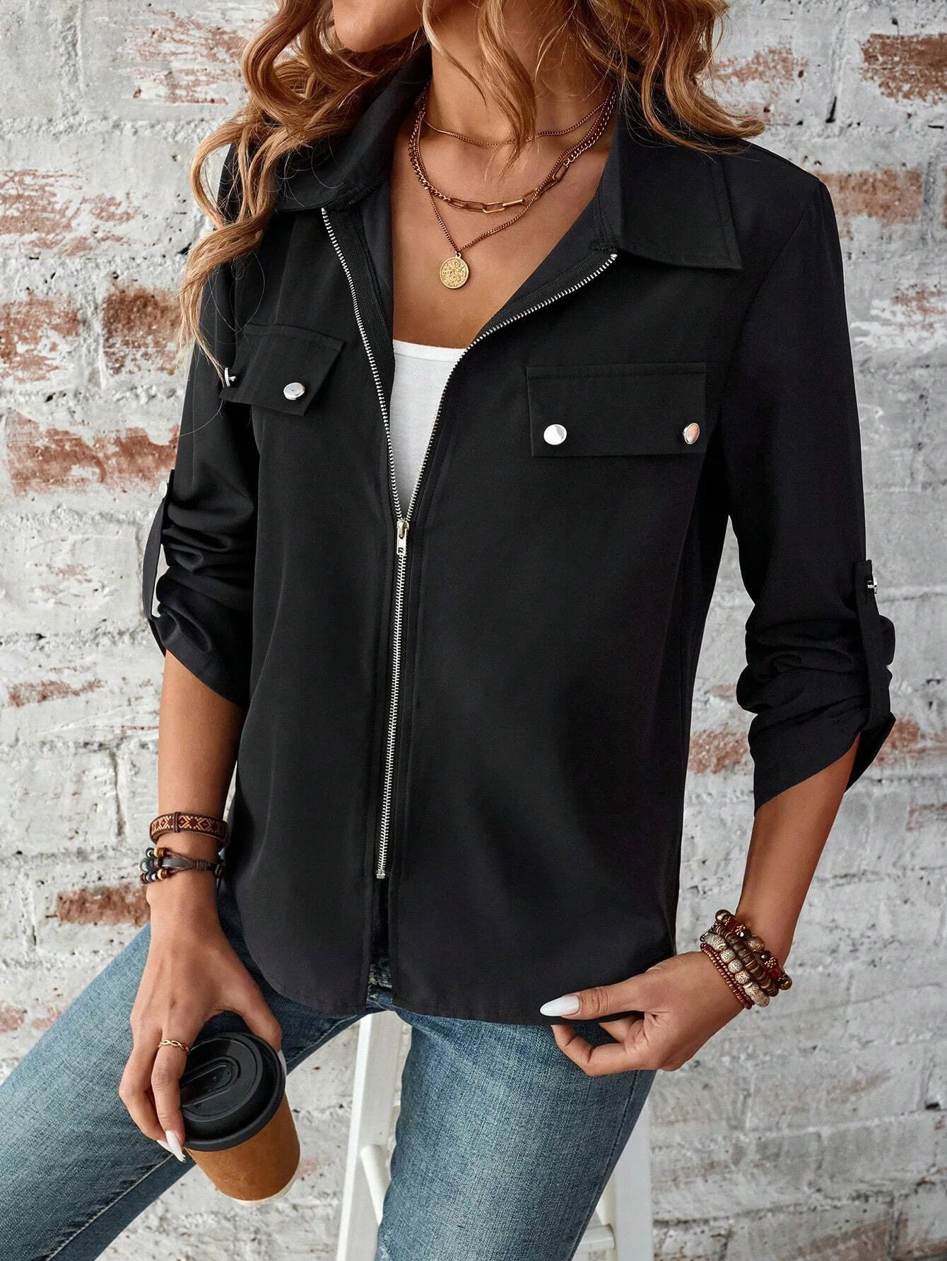 Women's Autumn Outerwear Casual Zipper Plain Long Sleeve Jacket