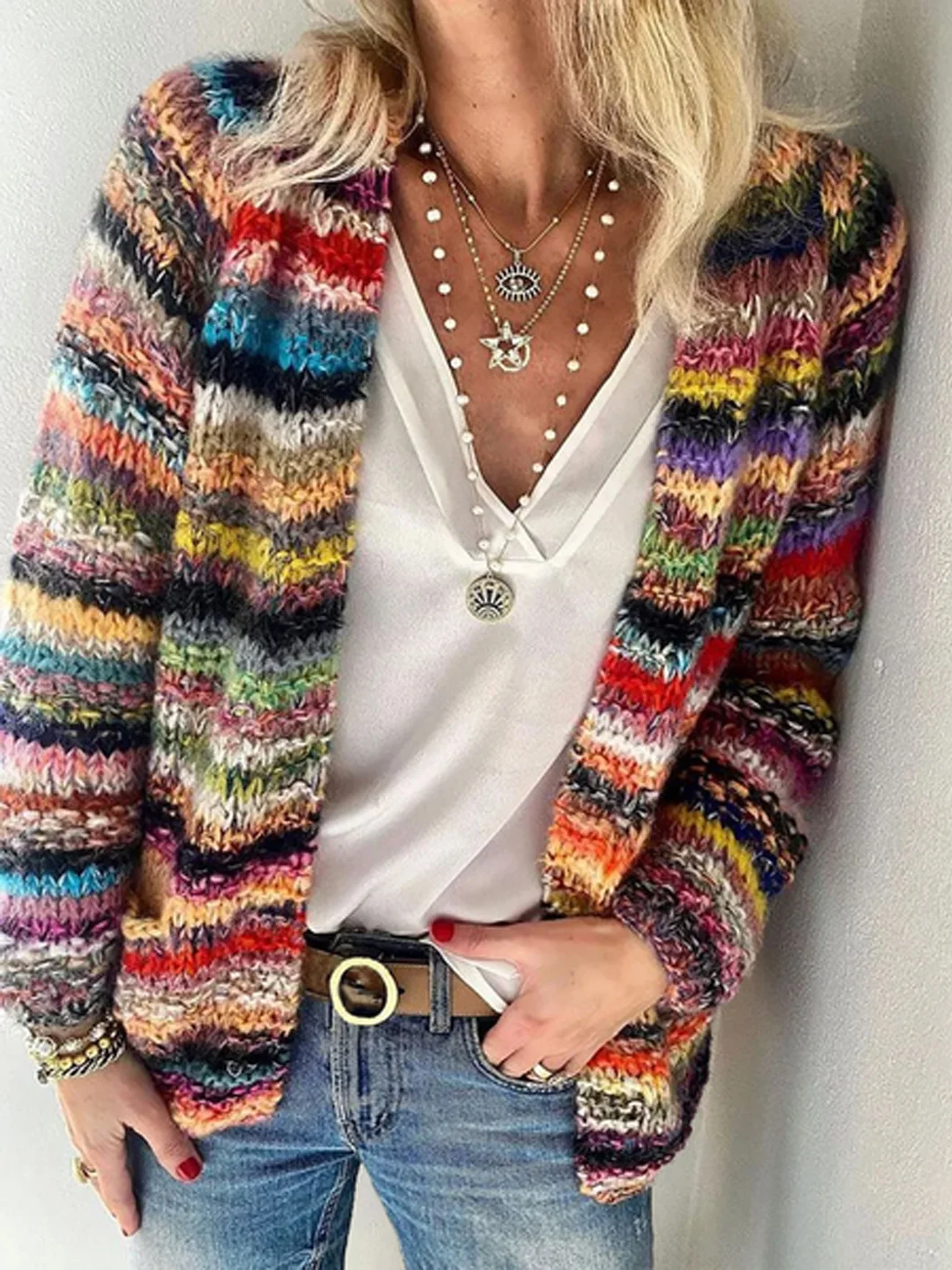 Women's Casual Spring/Fall Multicolor Block Yarn/Wool Yarn Cardigan