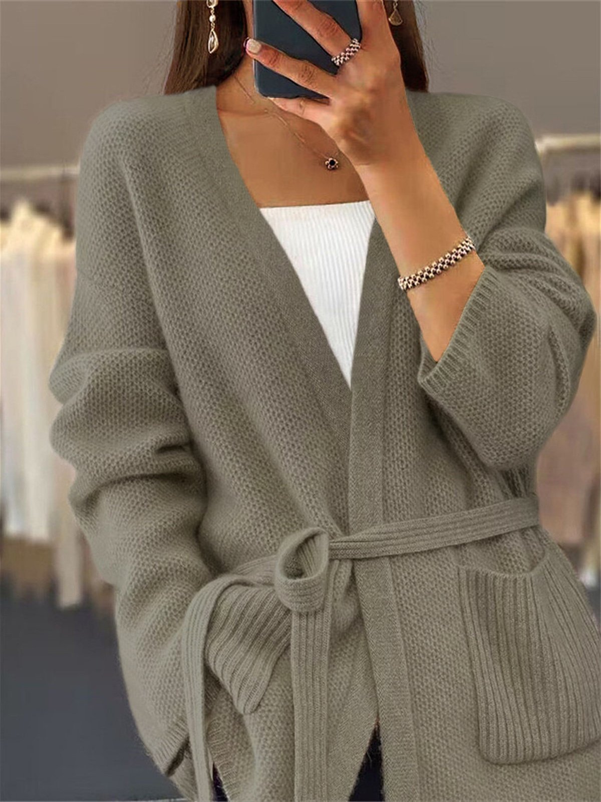 Women's Casual Winter Plain Yarn/Wool Yarn Pocket Stitching Cardigan