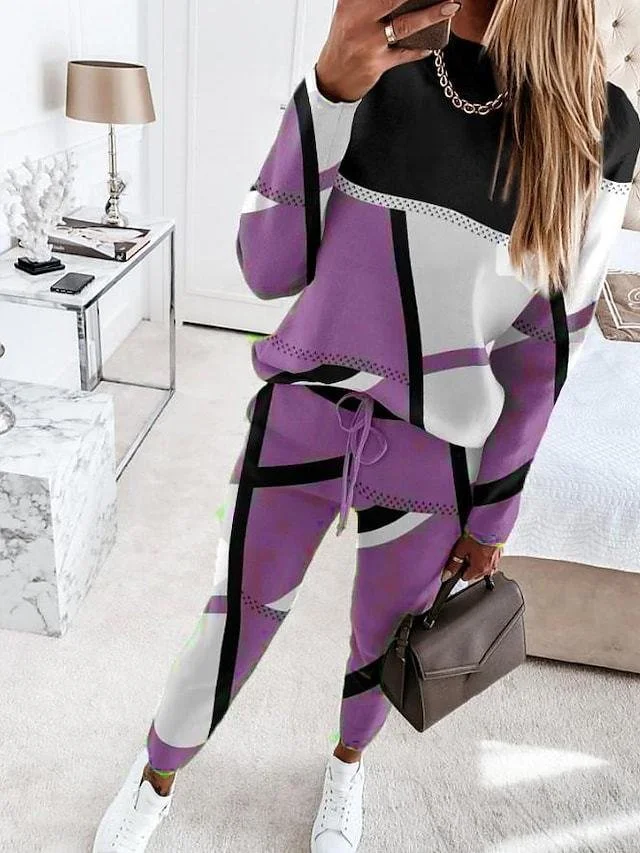 Women's Contrast Stitching Daily Going Out Two Piece Set Long Sleeve Casual Spring/Fall Top With Pants Matching Set