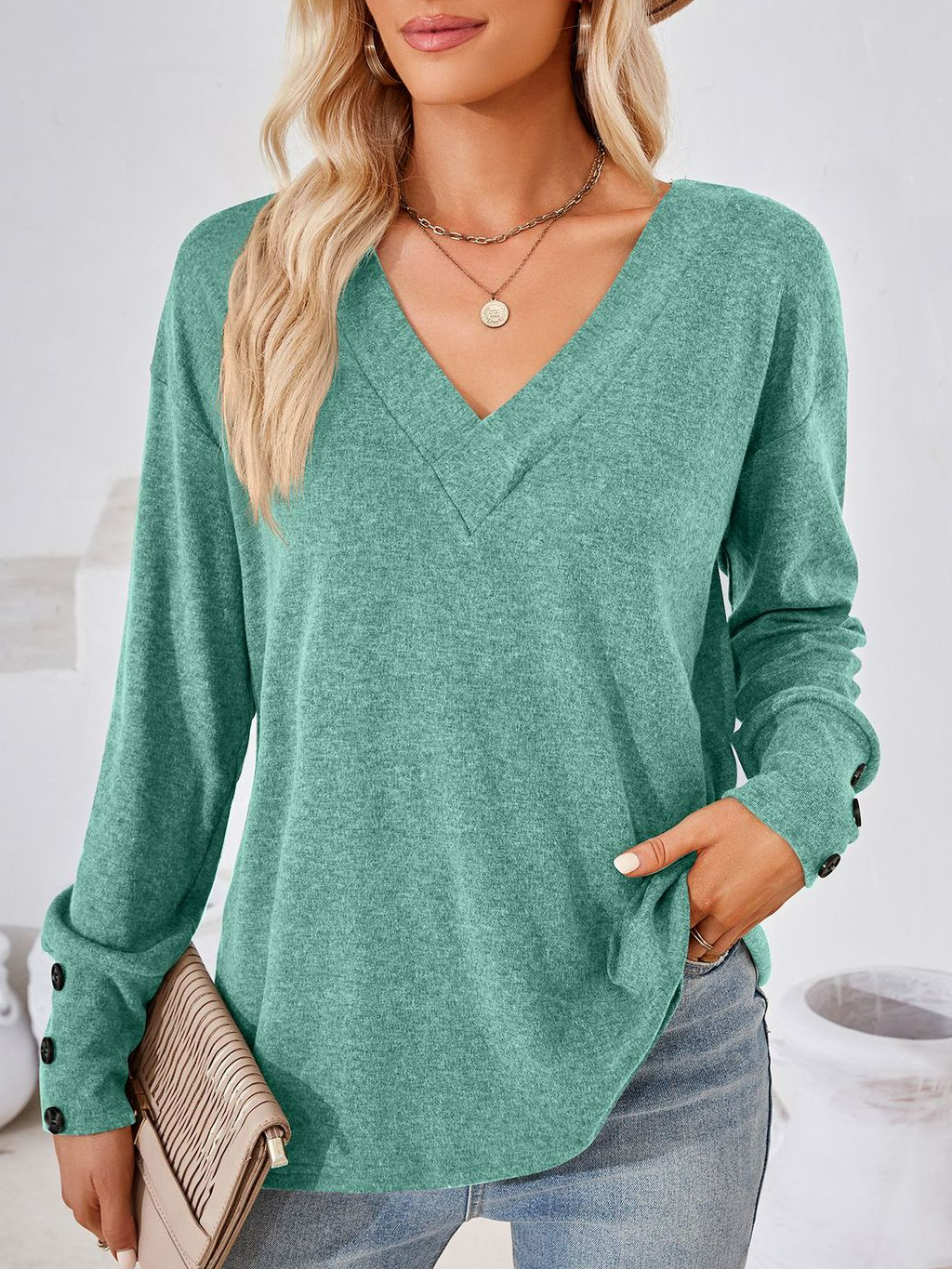 Women's Long Sleeve Tee T-shirt Spring/Fall Plain Buckle V Neck Daily Going Out Casual Top